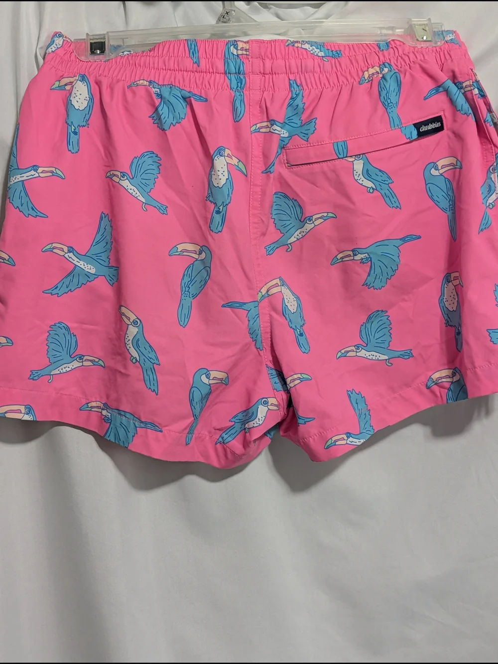 chubbies Pink Toucan Swim Trunks with Blue Bird Print